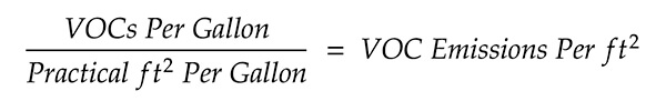 VOCs Per Gallon / Practical ft2 Per Gallon = VOC Emissions Per ft2