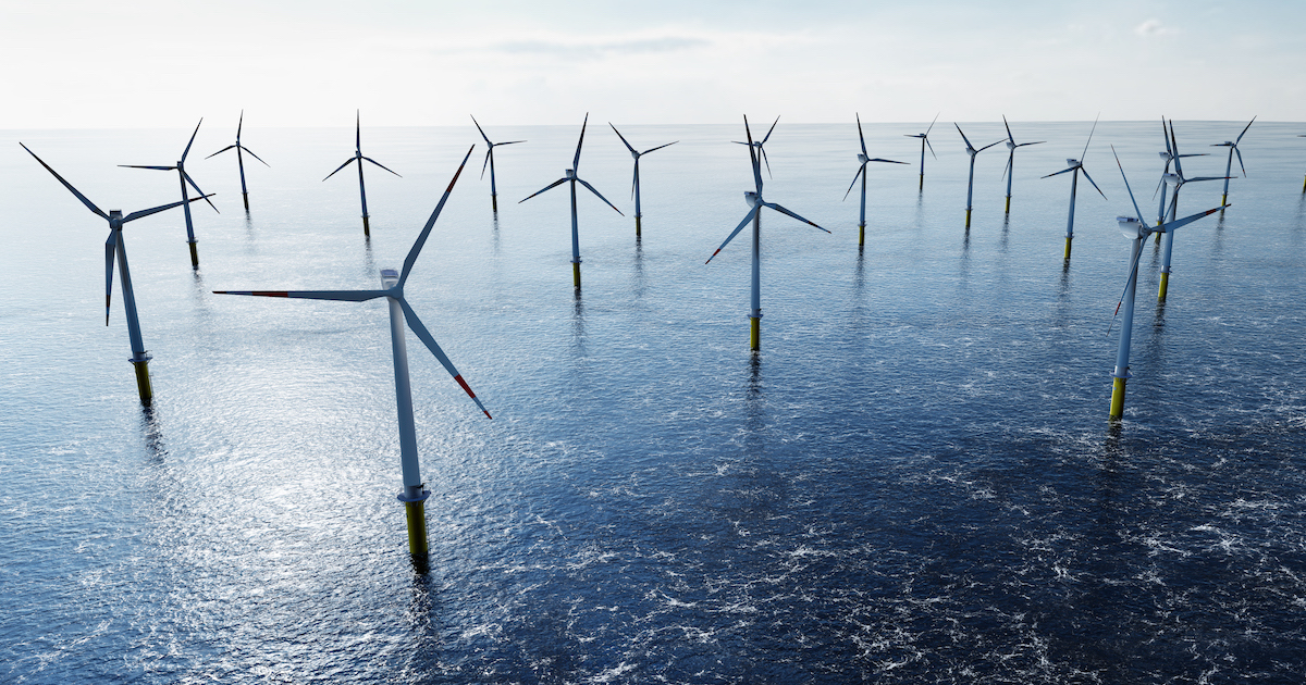 Offshore wind turbine farm, the wind turbine foundations protected with protective coatings