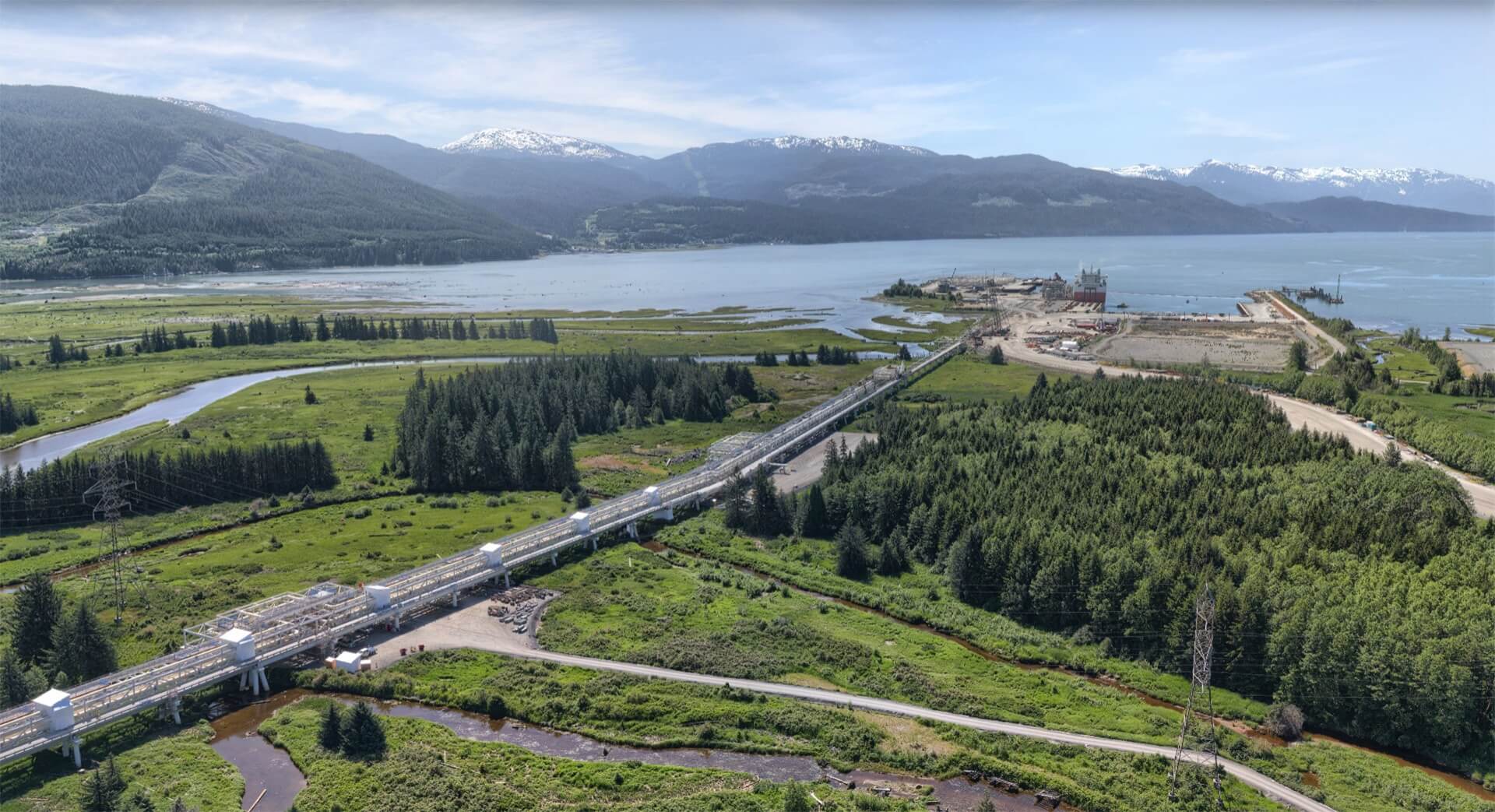 LNG Canada liquefied natural gas facility modules arrived on ships from China to this deep water terminal at Kitimat, British Columbia.