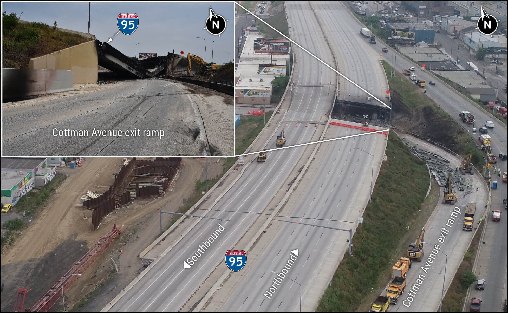 Aerial view of the collapsed I-95 bridge over Cottman Ave. in Philadelphia, Pennsylvania. Image inset at ground level shows the collapsed span.