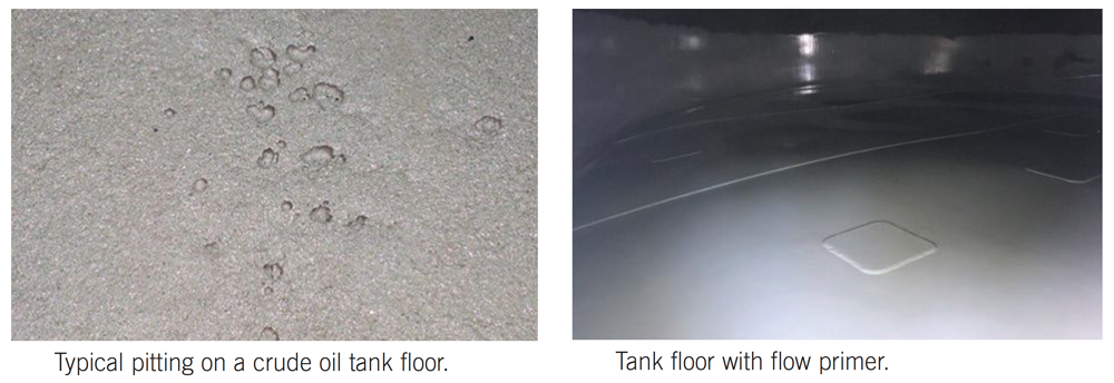 Typical pitting on a crude oil tank floor vs tank floor with flow primer
