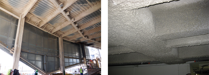 (Left) Medium-density SFRM applied to plenum areas where higher durability is required. (Right) High-density SFRM applied to structural beams and columns in a parking garage