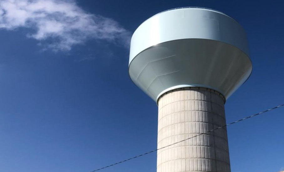 An image of the exterior view of a tall potable water tank.